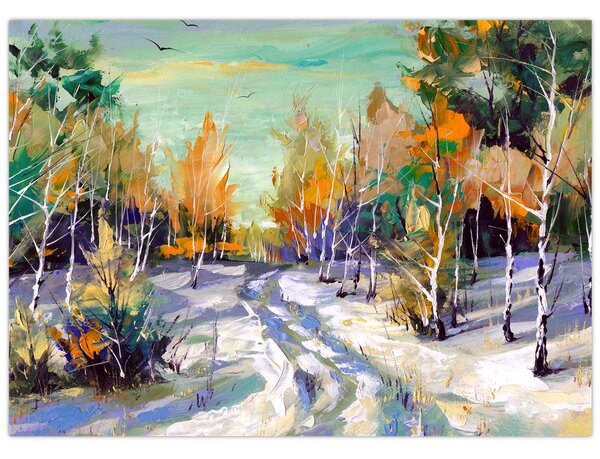 Obraz - Zasnežená cesta lesom, olejomaľba (70x50 cm)