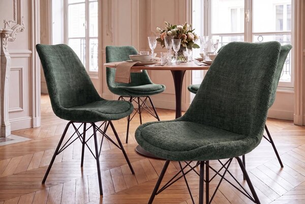 Škandinávska retro zelená jedálenská stolička Scandinavia s textúrovaným ženilkovým poťahom a čiernou kovovou podstavou 50 cm