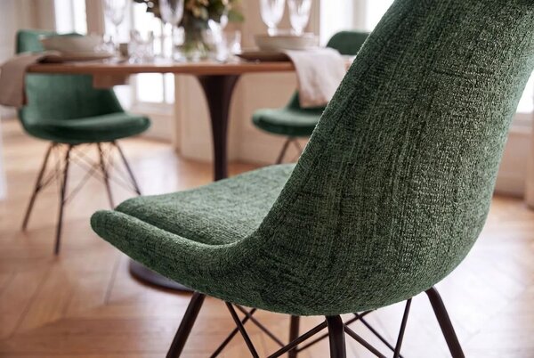 Škandinávska retro zelená jedálenská stolička Scandinavia s textúrovaným ženilkovým poťahom a čiernou kovovou podstavou 50 cm