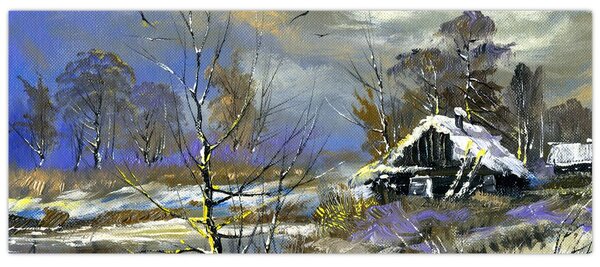 Obraz chalúpky v zimnej krajine, olejomaľba (120x50 cm)