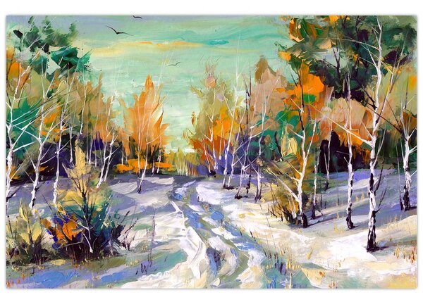 Obraz - Zasnežená cesta lesom, olejomaľba (90x60 cm)