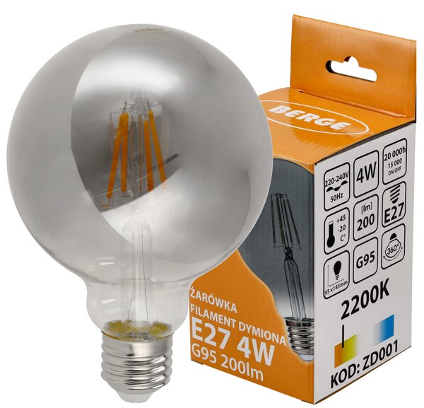 BERGE LED žiarovka G95 - E27 - 4W - FILAMENT - dymová - teplá biela