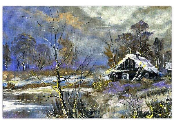 Obraz chalúpky v zimnej krajine, olejomaľba (90x60 cm)