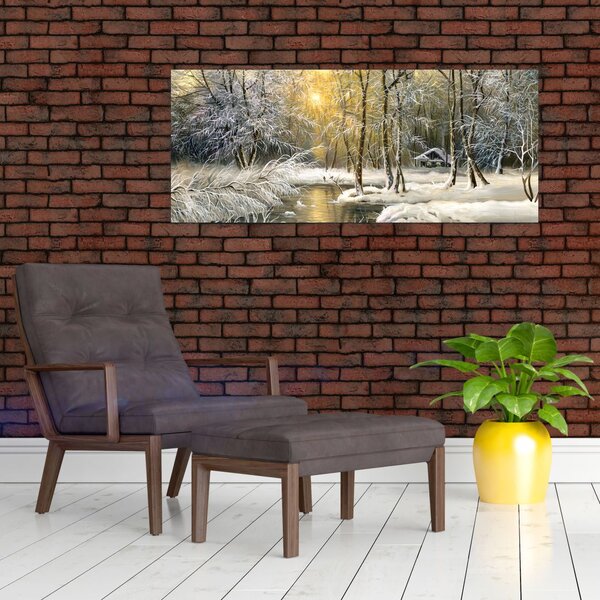 Obraz - Chalúpka v lese, olejomaľba (120x50 cm)