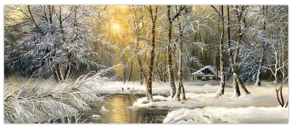 Obraz - Chalúpka v lese, olejomaľba (120x50 cm)