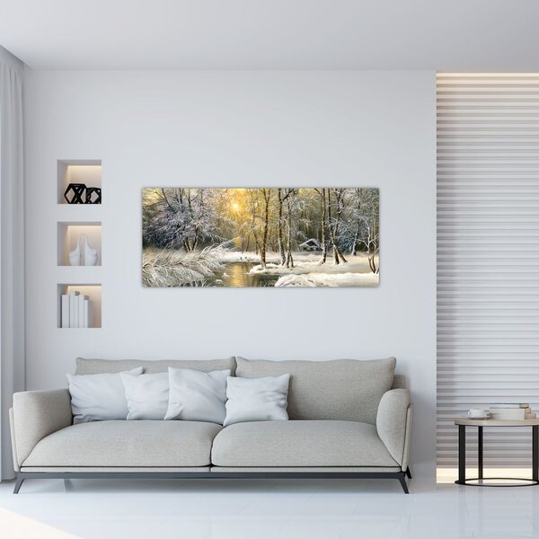 Obraz - Chalúpka v lese, olejomaľba (120x50 cm)