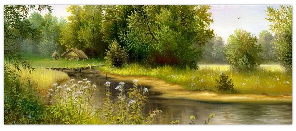 Obraz - Rieka pri lese, olejomaľba (120x50 cm)
