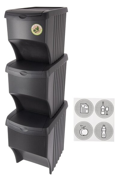 Čierne plastové odpadkové koše v súprave 3 ks 3x22 l na triedený odpad – Orion