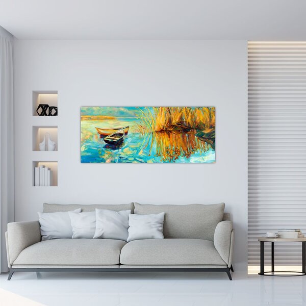 Obraz - Jazero s loďkami (120x50 cm)