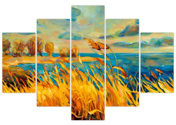 Obraz - Západajúce slnko nad jazerom, akrylová maľba (150x105 cm)