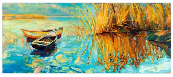 Obraz - Jazero s loďkami (120x50 cm)