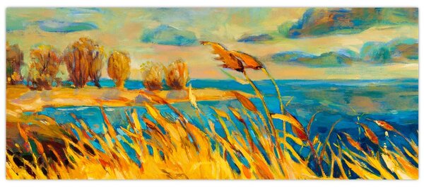 Obraz - Západajúce slnko nad jazerom, akrylová maľba (120x50 cm)