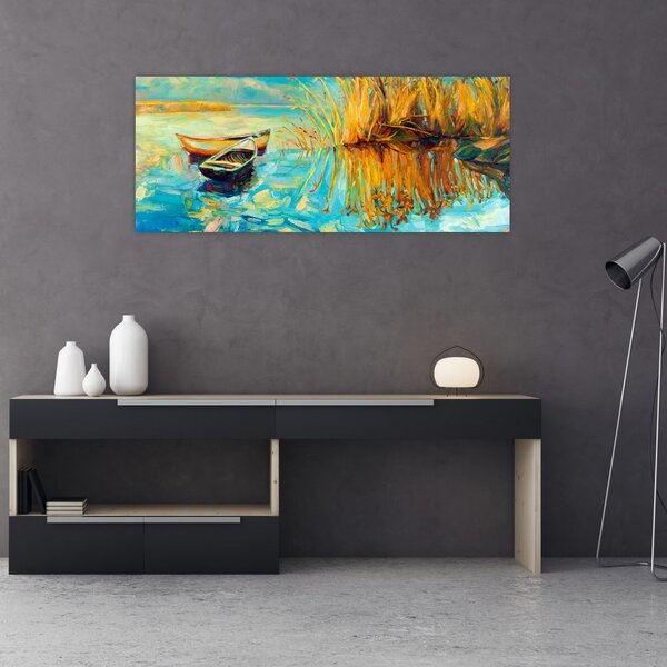 Obraz - Jazero s loďkami (120x50 cm)