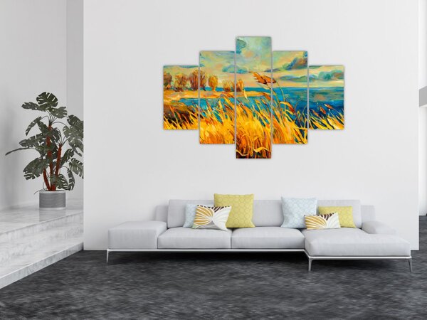 Obraz - Západajúce slnko nad jazerom, akrylová maľba (150x105 cm)