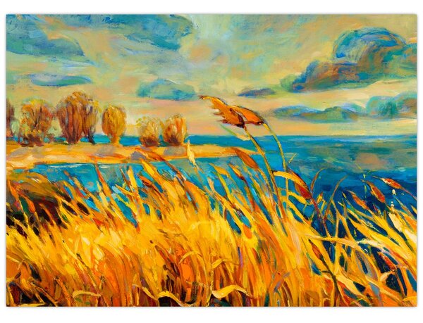 Obraz - Západajúce slnko nad jazerom, akrylová maľba (70x50 cm)
