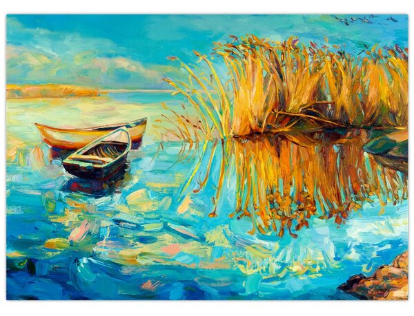 Obraz - Jazero s loďkami (70x50 cm)