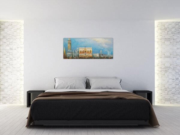 Obraz - Gondola prechádzajúca Benátkami, olejomaľba (120x50 cm)