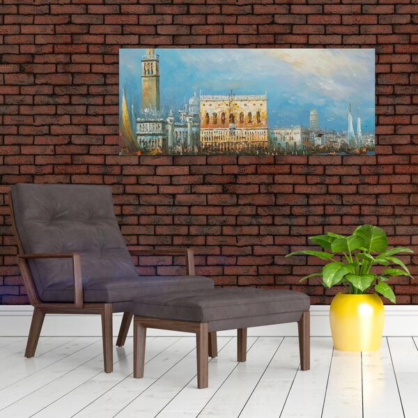 Obraz - Gondola prechádzajúca Benátkami, olejomaľba (120x50 cm)