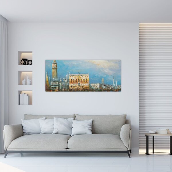 Obraz - Gondola prechádzajúca Benátkami, olejomaľba (120x50 cm)