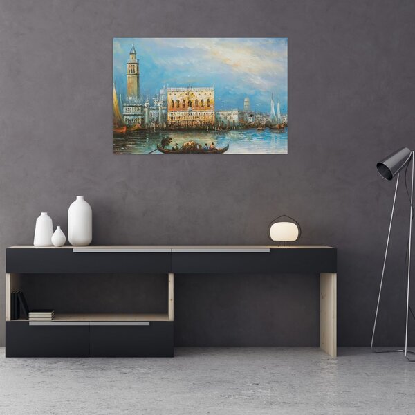 Obraz - Gondola prechádzajúca Benátkami, olejomaľba (90x60 cm)