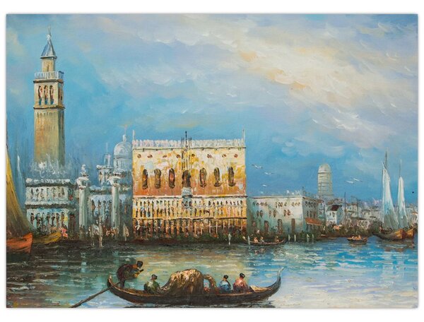 Obraz - Gondola prechádzajúca Benátkami, olejomaľba (70x50 cm)