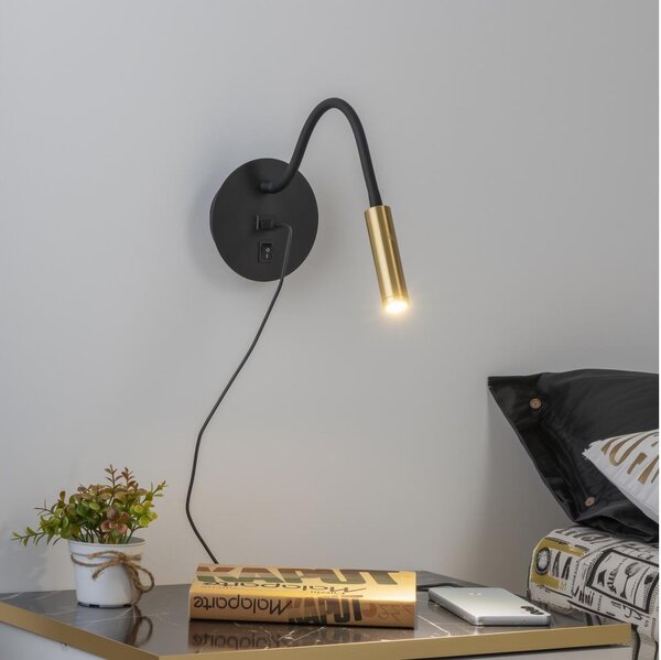 Brilagi -LED Flexibilná nástenná lampa s USB portom MAYA LED/3W/230V čierna/zlatá