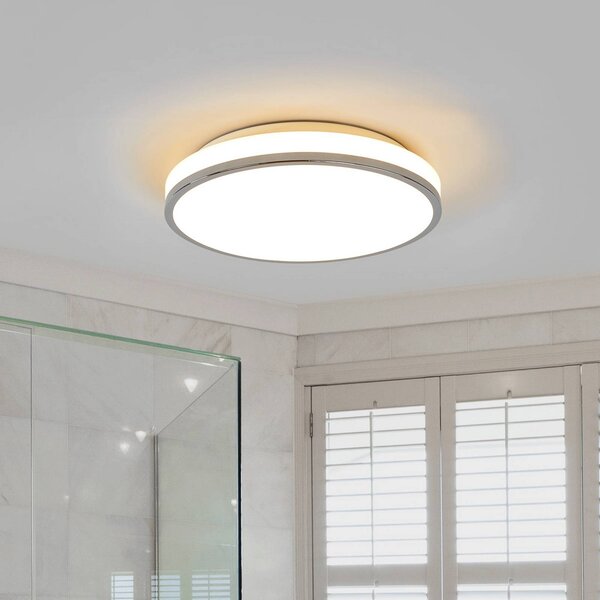 Lindby stropné LED svetlo Lyss, Ø 34 cm, chrómová farba, IP44, Biela / opálová, Kúpeľňa, Sklo, Moderný, Závesné svietidlo