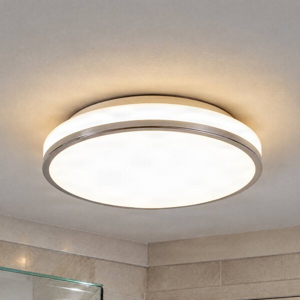Lindby stropné LED svetlo Lyss, Ø 34 cm, chrómová farba, IP44, Biela / opálová, Kúpeľňa, Sklo, Moderný, Závesné svietidlo