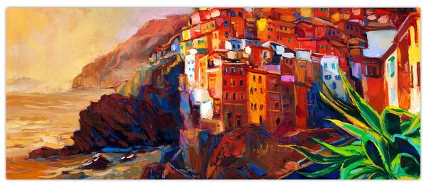Obraz - Dedina na pobreží Cinque Terre, Talianska riviéra, moderný impresionizmus (120x50 cm)