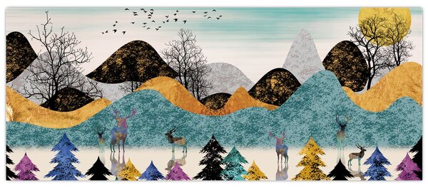 Grafický obraz s jeleňmi (120x50 cm)