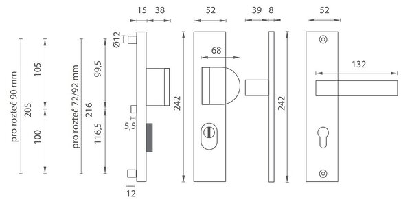 Bezpečnostné kovanie MP AXA - OMEGA2 PLUS (F8 - Čierny elox), kľučka-kľučka, PZ PLUS s otvorem pro vložku, MP F8 (čierny elox), 90 mm