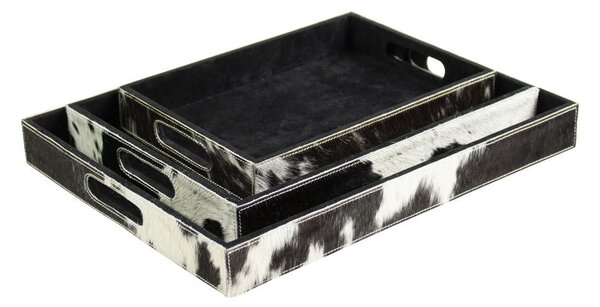 Sada 3ks servírovacie podnosy s hovädzou kožou čierna / biela - 46 * 36,5 * 5cm / 40,5 * 30,5 * 5cm / 33,5 * 24,5 * 5cm - Mars & More