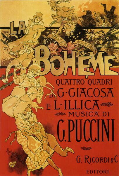 Hohenstein, Adolfo - Umelecká tlač Poster by Adolfo Hohenstein for opera La Boheme by Giacomo Puccini, 1895, (26.7 x 40 cm)