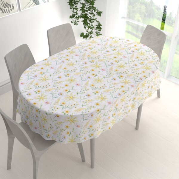 Biante Teflónový oválny obrus TF-135 Maľované žlto-zelené lúčne kvietky na bielom 50x100 cm