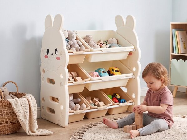 Organizér na hračky béžový syntetický materiál detská plastová skrinka s motívom zajaca s košíkmi
