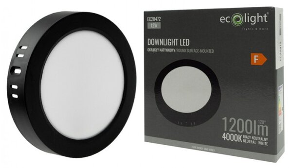LED stropné svietidlo na stenu, okrúhle, 12W, 1200lm, čierne, 4000K