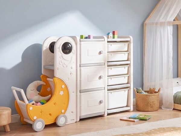 Organizér na hračky krémová biela syntetický materiál detská plastová skrinka s košíkmi a policami