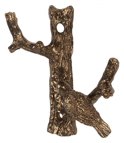 Zlatý antik nástenný kovový vešiak s vtáčikom - 9*5*9 cm - Clayre & Eef