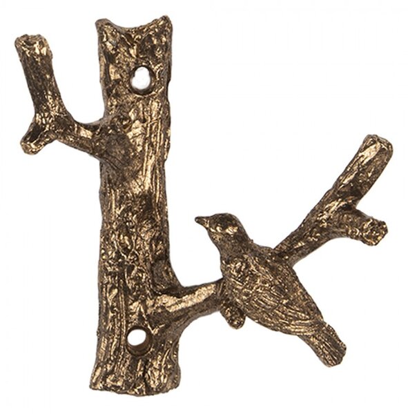 Zlatý antik nástenný kovový vešiak s vtáčikom - 9*5*9 cm - Clayre & Eef