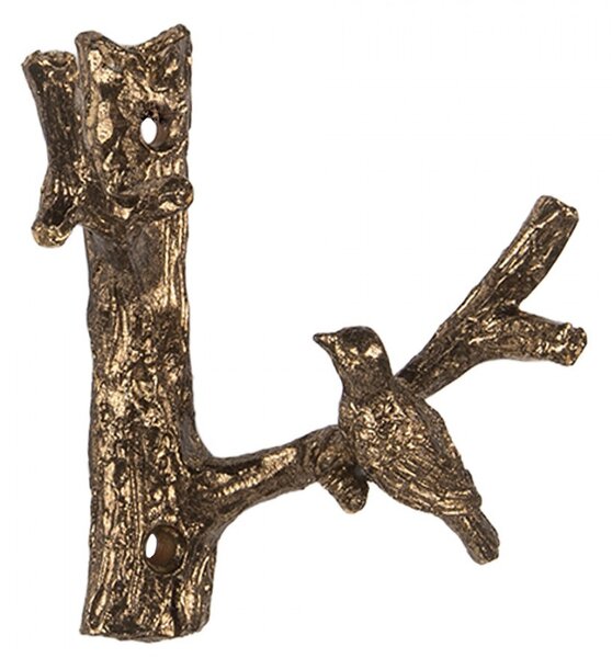 Zlatý antik nástenný kovový vešiak s vtáčikom - 9*5*9 cm - Clayre & Eef
