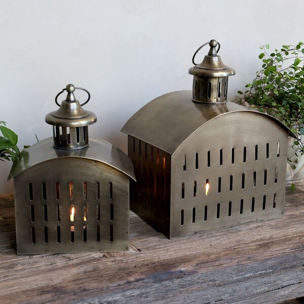 Mosadzná antik kovová lampáš v tvare domčeka Taello - 22*17*28 cm - Chic Antique