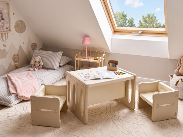 Detský stôl na hranie so stoličkami béžový HDPE stolík pre deti detská izba Montessori