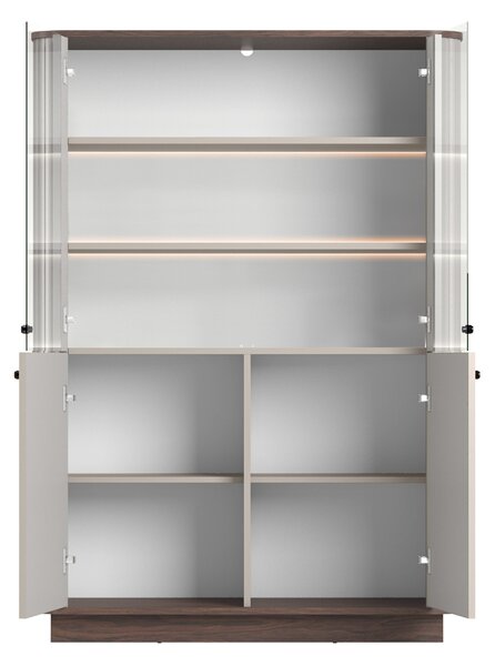 Vitrína Vesper 103 cm štvordverová na sokli - kašmír / orech / čierne úchyty