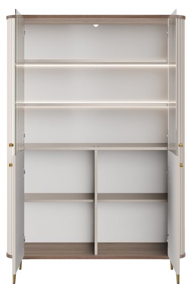 Vitrína Vesper 103 cm štvordverová - kašmír / orech / zlaté nohy