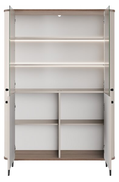Vitrína Vesper 103 cm štvor­dverová - kašmír / orech / čierne nohy