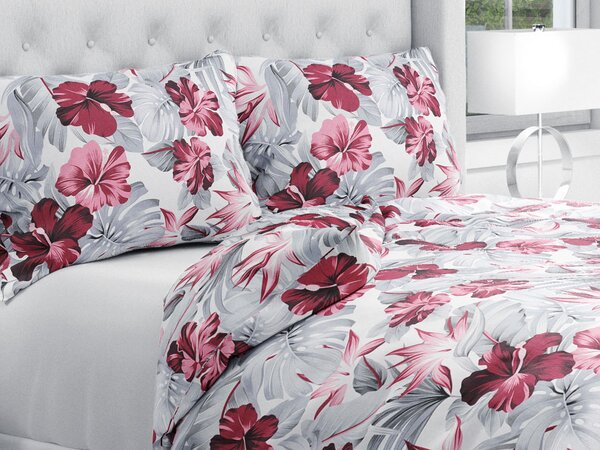 Biante Bavlnené posteľné obliečky Sandra SA-440 Červeno-sivé kvety a listy monstery Jednolôžko 140x200 a 70x90 cm