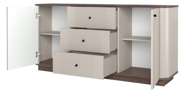 Komoda Vesper 160 cm so zásuvkami na sokli - kašmír / orech / čierne úchytky