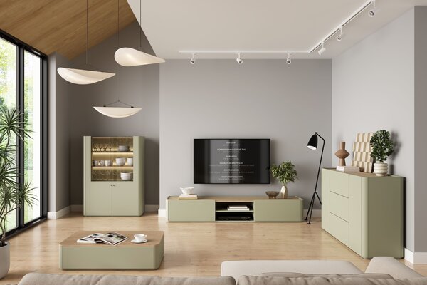 TV stolík Elivo 220 cm so zásuvkou - eukalyptus / dub baltic dune