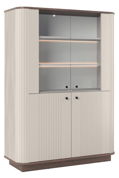Vitrína Vesper 103 cm štvordverová na sokli - kašmír / orech / čierne úchyty