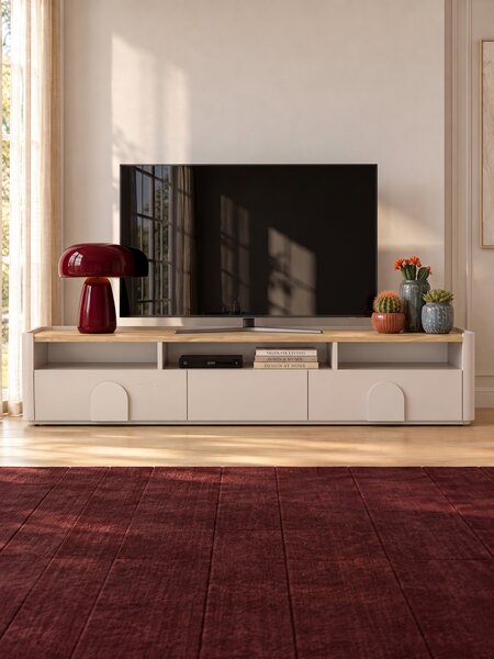 TV skrinka so zásuvkami Amilio 200 cm - kašmír / olejovaný dub / úchytky kašmír